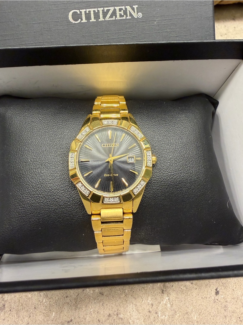 Citizen Gold Tone Watch with Black Dial and Crystal Accents